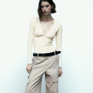 Zara Soft ribbed long sleeve plunge v neck bodysuit
